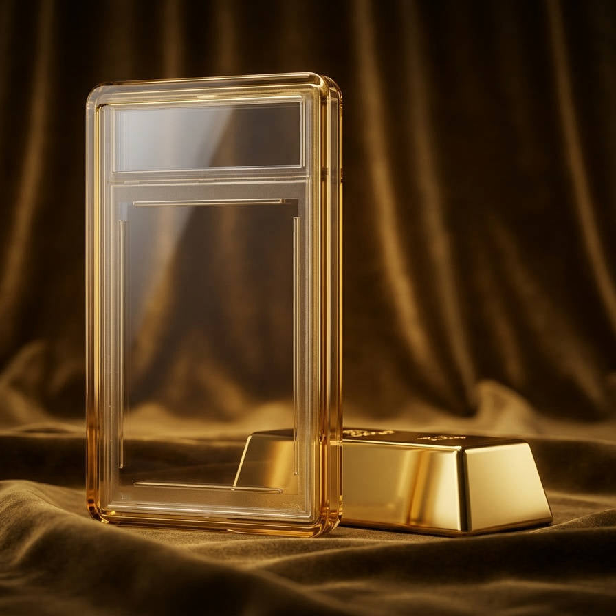Gold card case and gold bar on a dark brown fabric background