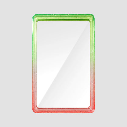 Rectangular trading card case with a gradient green to red frame on a light gray background