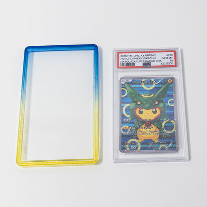 Trading card in a protective case on a white background