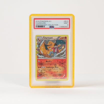 A graded Pokémon TCG card in a clear plastic slab with a yellow border, standing upright on a white surface against a white background.