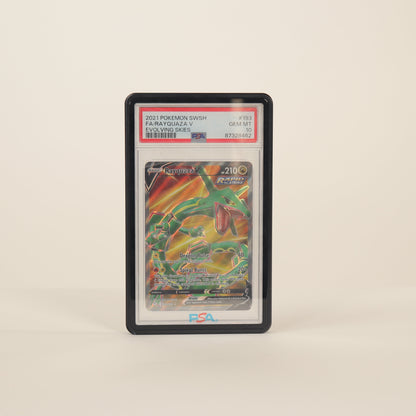 Trading card in a protective frame on a beige background