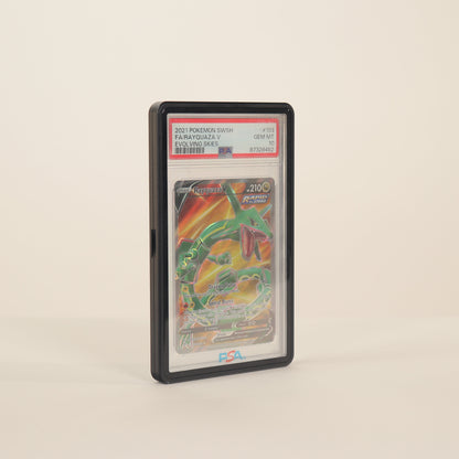 Trading card in a protective case on a beige background