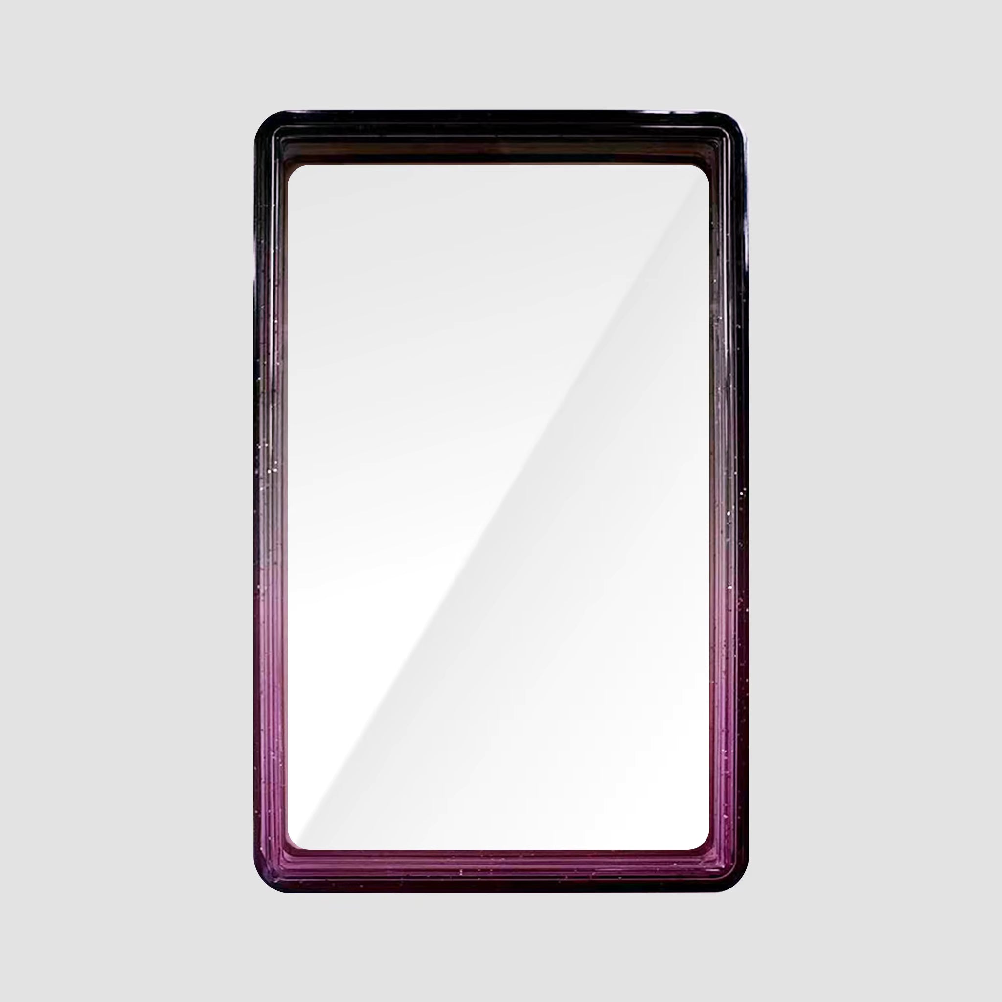 Rectangular trading card case with a black and purple frame on a white background